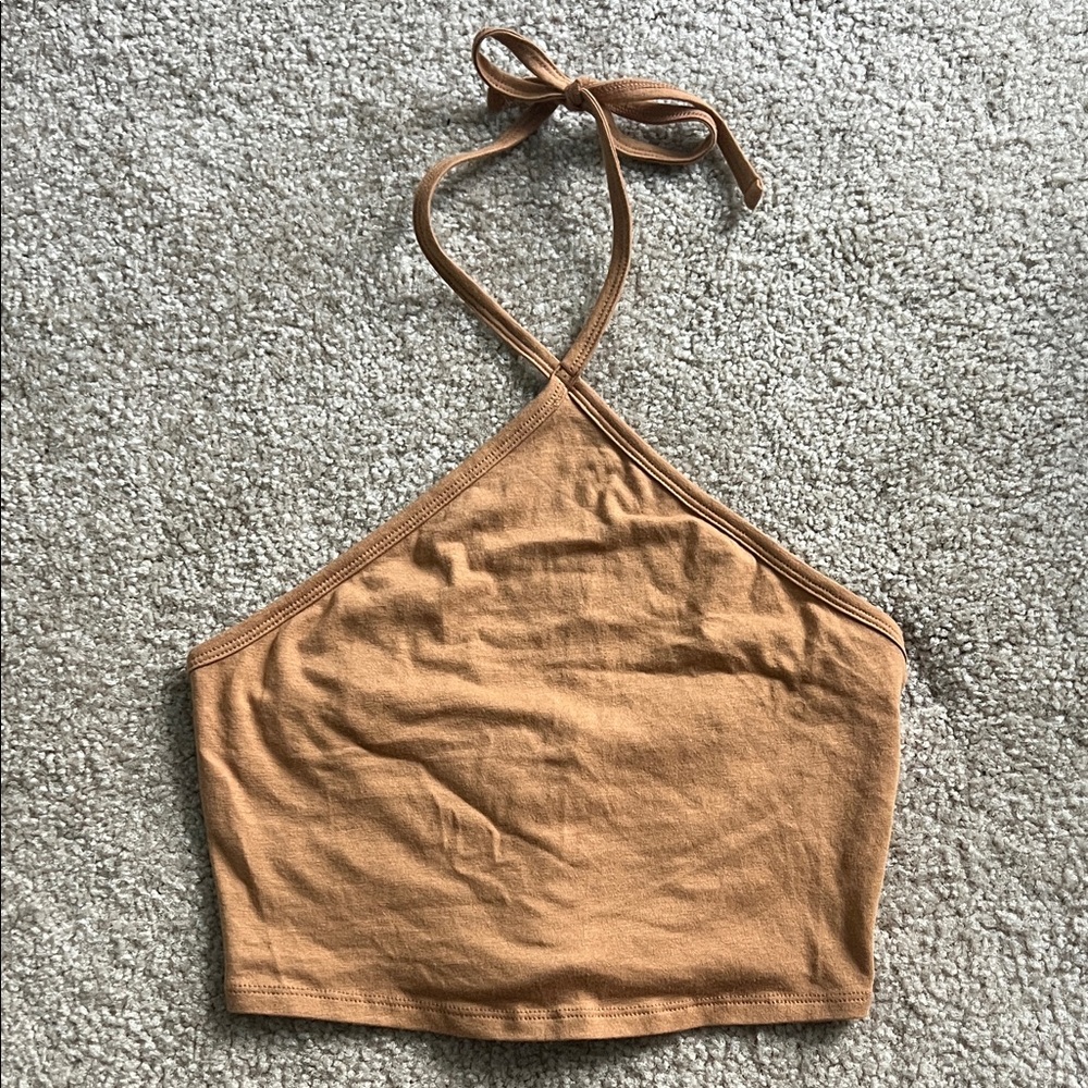PacSun Ribbed One-Shoulder Halter Crop Top in Tan